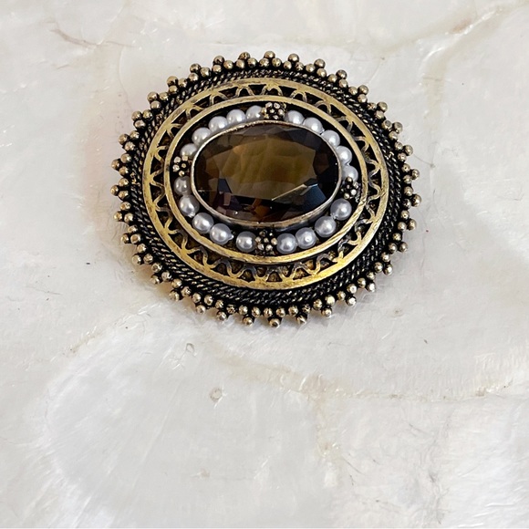 Victorian style faux Pearl smoky quartz oval brooch pendant 925 Sterling - Picture 2 of 11